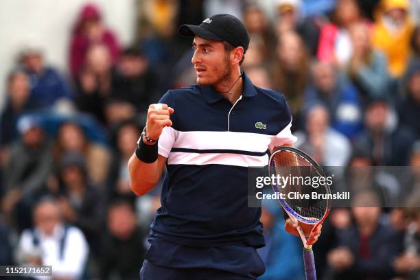 Elliot Benchetrit of France celebrates during his mens singles first round match against Cameron Norrie of Great Britain during Day three of the 2019...