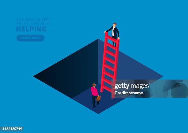 ilustrações de stock, clip art, desenhos animados e ícones de businessman moving a ladder to rescue a companion in a trap - sobrevivência