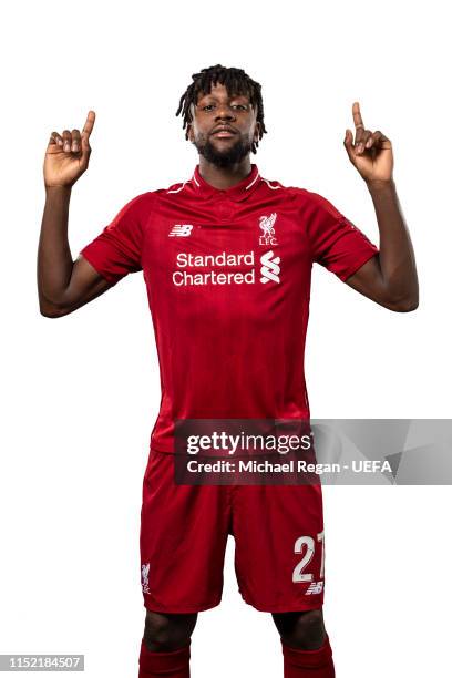 Divock Origi of Liverpool poses for a photo during the Liverpool FC UEFA Champions League Final Preview Portrait Shoot at Melwood Training Ground on...
