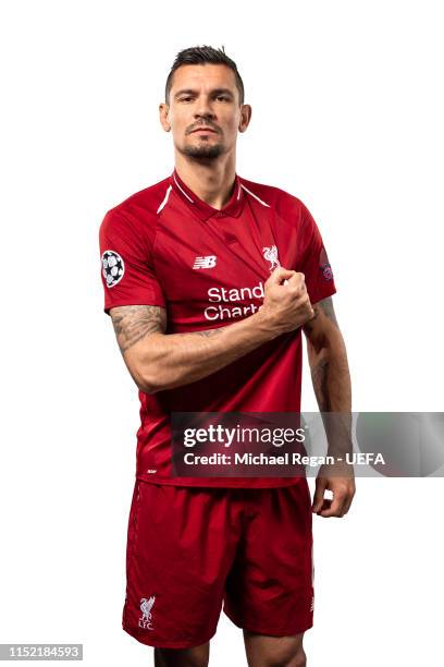Dejan Lovren of Liverpool poses for a photo during the Liverpool FC UEFA Champions League Final Preview Portrait Shoot at Melwood Training Ground on...