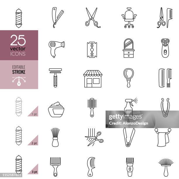 stockillustraties, clipart, cartoons en iconen met kapperszaak lineart icon set. bewerkbare lijn. - kappersschaar