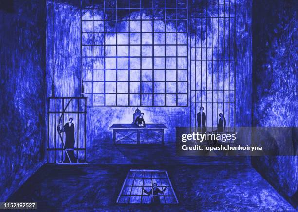 fashionable political illustration modern artwork my original ink drawing on paper prison allegory fantasy scene of a trial judge's verdict and protest of prisoners behind bars in prison cells in blue intense colors - sentencing stock illustrations