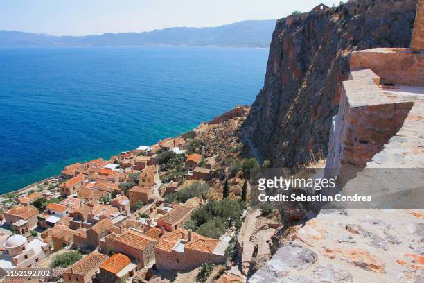 beautiful ancient castle and town monemvasia from above, greece. - monemvasia stockfoto's en -beelden