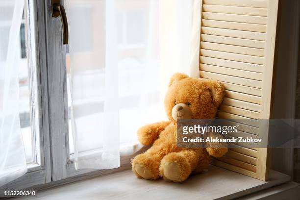 a cute little teddy bear toy sits on a brown wooden and white plastic windowsill with a copy of the text space on the window glass. beautiful lonely bear on the window. the concept of childhood. - テディベア　無人 ストックフォトと画像