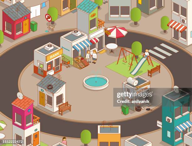 market square - isometric town stock illustrations