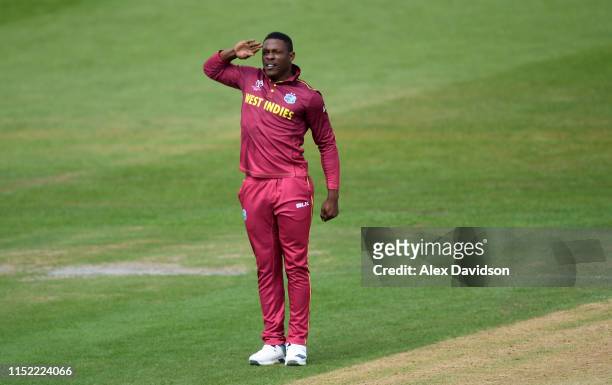 Sheldon Cottrell of West Indies celebrates the wicket of Martin Guptill of New Zealand during the ICC Cricket World Cup 2019 Warm Up match between...