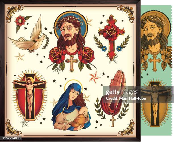 ilustraciones, imágenes clip art, dibujos animados e iconos de stock de los símbolos clásicos del cristianismo - jesus