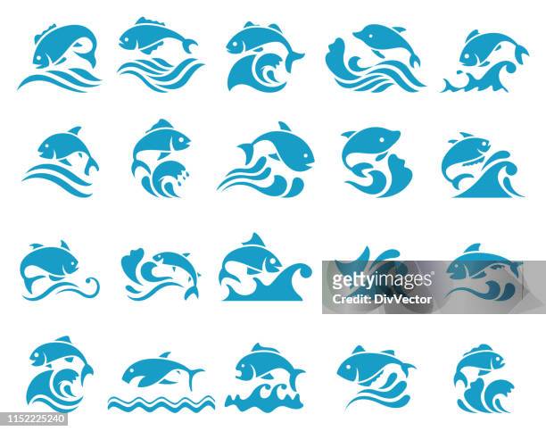 ilustraciones, imágenes clip art, dibujos animados e iconos de stock de icono de pez con ondas - saltar actividad física