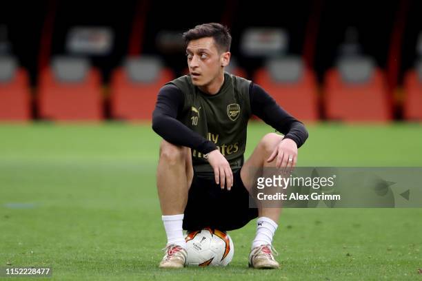 Mesut Ozil of Arsenal looks on during an Arsenal training session on the eve of the UEFA Europa League Final against Chelsea at Baku Olimpiya Stadion...