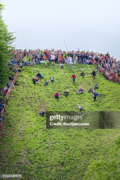 de race van omen op de 2019 ' cheese rolling ' gehouden op cooper hill, in de cotswolds. elke lente bank vakantie maandag op de 1 in 2 gradiënt (ja 1 in 2!) ' coopers hill ' - coopers hill cheese rolling and wake stockfoto's en -beelden