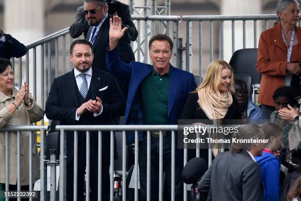 Klemens Hallmann and Arnold Schwarzenegger arrive at the Climate Kirtag portion of the R20 Austrian World Summit on May 28, 2019 in Vienna, Austria....