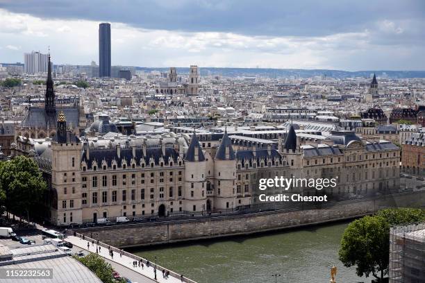 The Conciergerie building and the "Palais de Justice" on the Ile de la Cite along the river Seine is seen from the "Tour Saint Jacques" on May 28,...