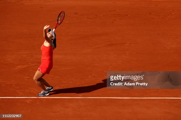 Evgeniya Rodina of Russia serves during her ladies singles first round match against Madison Keys of The United States during Day three of the 2019...