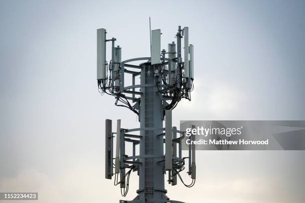 Mobile phone mast on May 27, 2019 in Cardiff, United Kingdom. 5g is due to launch in the UK from EE on May 30.