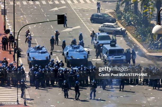 Police line-up during protests against the 27th Group of Eight Summit in July, 2001 in Genoa, Italy. Hundreds of thousands of protesters gathered...