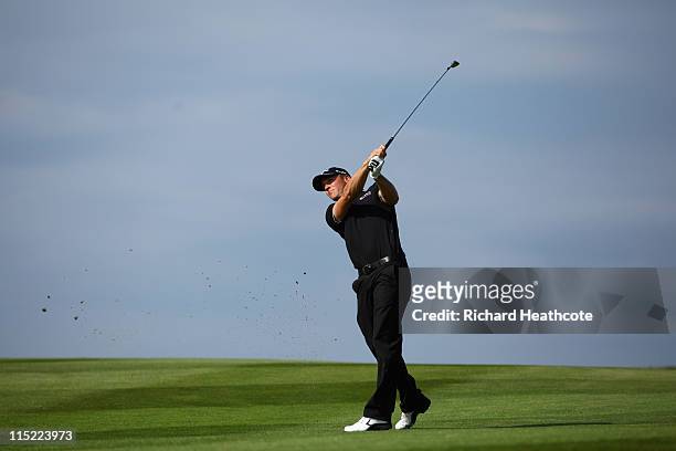 Alexander Noren of Sweden plays into the 18th green during the third round of the Saab Wales Open on the Twenty Ten course at The Celtic Manor Resort...