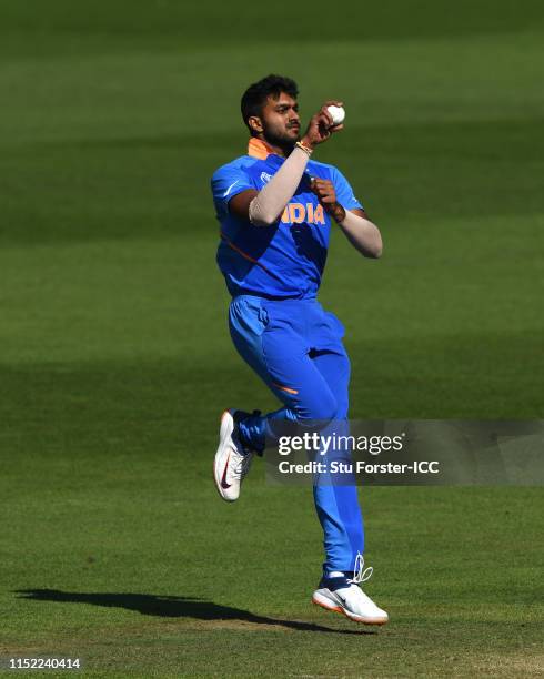 India bowler Vijay Shankar in action during the ICC Cricket World Cup 2019 Warm Up match between Bangladesh and India at Cardiff Wales Stadium on May...