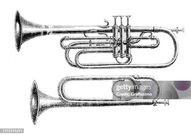 ilustraciones, imágenes clip art, dibujos animados e iconos de stock de ilustración del instrumento de viento trompeta y trombón 1852 - trompeta