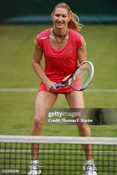 Steffi Graf smiles during the Warsteiner Champions Trophy of the Gerry Weber Open at the Gerry Weber stadium on June 4, 2011 in Halle, Germany.