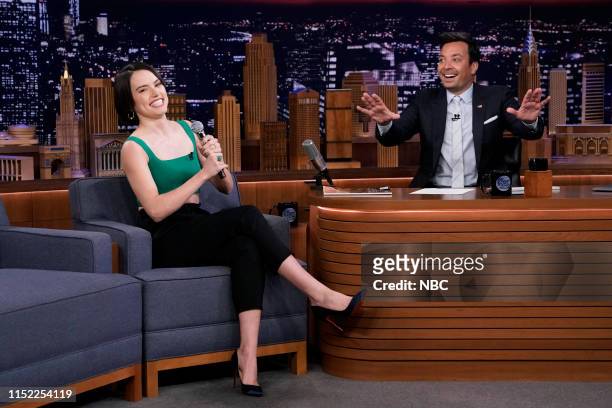 Episode 1088 -- Pictured: Actress Daisy Ridley raps "Lady Marmalade" during her interview with host Jimmy Fallon on June 26, 2019 --