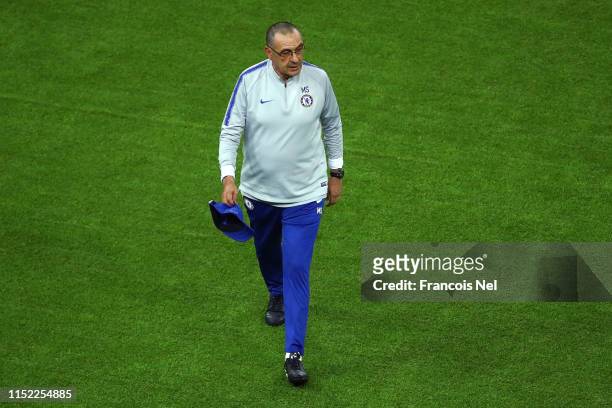 Maurizio Sarri, Manager of Chelsea walks off the pitch during the Chelsea FC training session on the eve of the UEFA Europa League Final against...