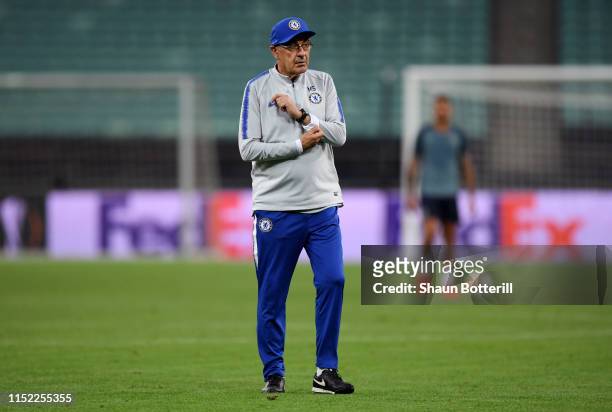 Maurizio Sarri, Manager of Chelsea looks on during the Chelsea FC training session on the eve of the UEFA Europa League Final against Arsenal at Baku...