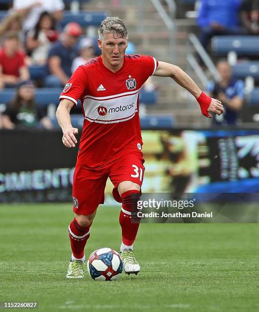 Bastian Schweinsteiger of Chicago Fire advances against New York City FC at SeatGeek Stadium on May 25, 2019 in Bridgeview, Illinois. The Fire and...