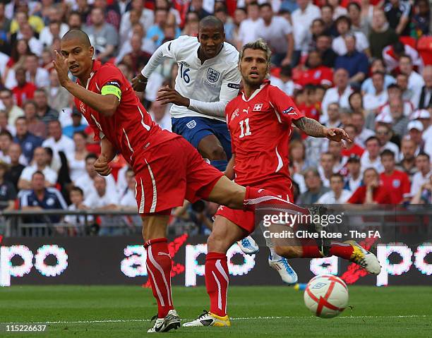 Ashley Young of England scores the second goal during the UEFA EURO 2012 Group G qualifying match between England and Switzerland at Wembley Stadium...