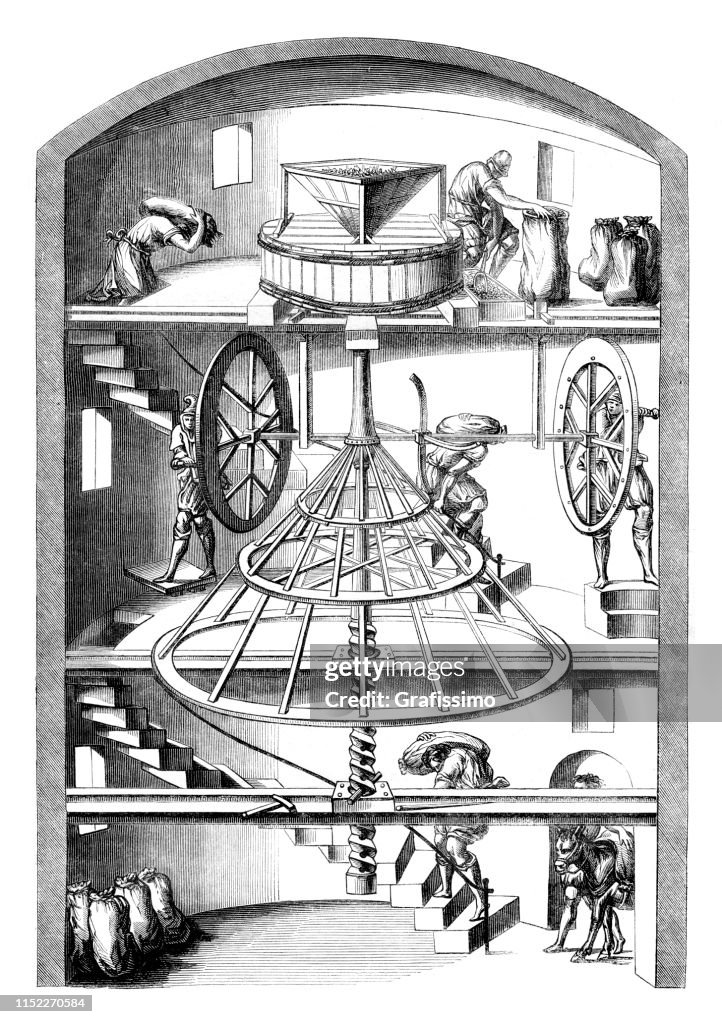 Windmill Interior Cross Section 16th Century Illustration High-Res ...