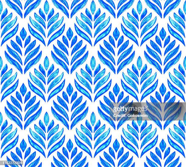 blue hand drawn stylized lotus flower seamless pattern with white background. pencil drawing design element. - hinduism stock illustrations