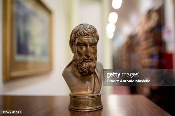 Epicurus bust is seen at the National Library of Naples, on June 27, 2019 in Naples, Italy. The National Library of Naples houses the Herculaneum...