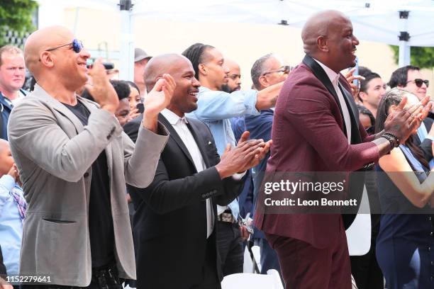 Vin Diesel, Jamie Foxx and Tyrese Gibson attend Director F. Gary Gray Honored With Star On The Hollywood Walk Of Fame on May 28, 2019 in Hollywood,...