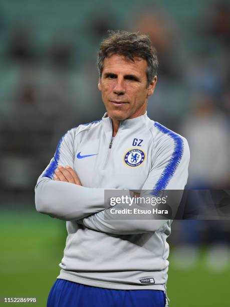 Gianfranco Zola of Chelsea looks on during the training session of Chelsea prior to the UEFA Europa League Final between Chelsea and Arsenal at Baku...