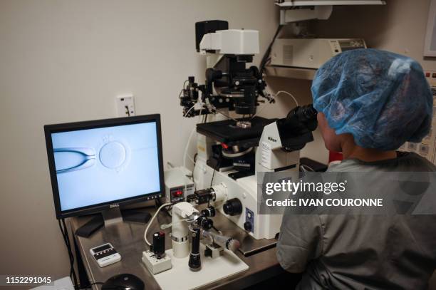 An embryologist is seen at work at the Virginia Center for Reproductive Medicine, in Reston, Virginia on June 12, 2019 - Freezing your eggs, getting...