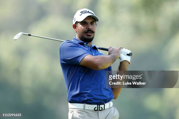 Gaganjeet Bhullar of India hits an approach shot during day one of the Estrella Damm N.A. Andalucia Masters hosted by the Sergio Garcia Foundation at...