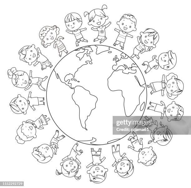 illustrazioni stock, clip art, cartoni animati e icone di tendenza di libro da colorare, cornice happy children - colorare