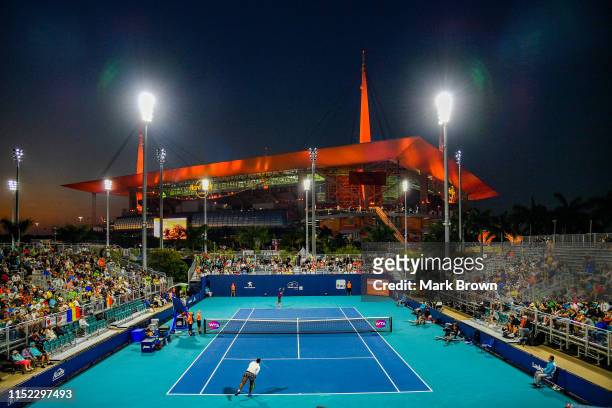 General view of Hard Rock Stadium during the match between Simona Halep of Romania and Taylor Townsend of the United States during Day 5 of the Miami...