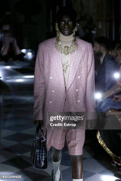 Model walks the runway at the Gucci Cruise 2020 show at the Musei Capitolini on May 28th, 2019 in Rome, Italy.