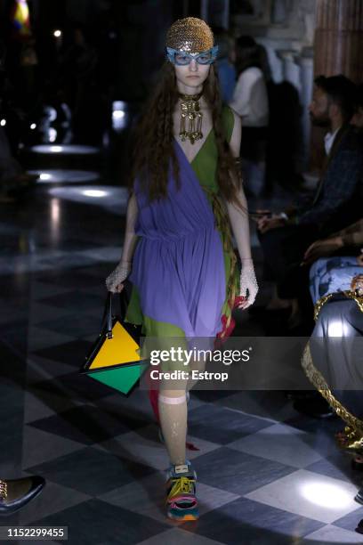 Model walks the runway at the Gucci Cruise 2020 show at the Musei Capitolini on May 28th, 2019 in Rome, Italy.