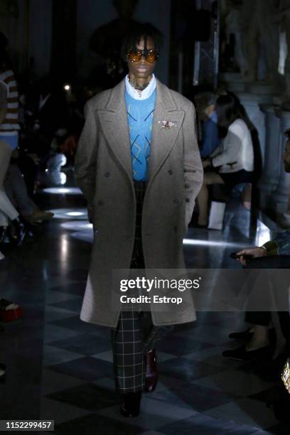 Model walks the runway at the Gucci Cruise 2020 show at the Musei Capitolini on May 28th, 2019 in Rome, Italy.