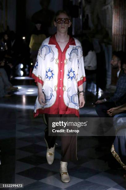 Model walks the runway at the Gucci Cruise 2020 show at the Musei Capitolini on May 28th, 2019 in Rome, Italy.