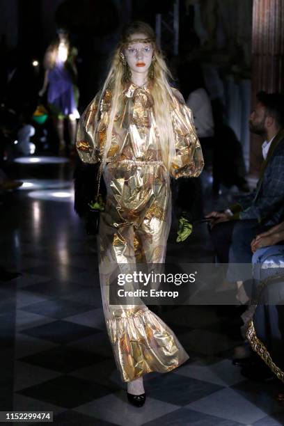 Model walks the runway at the Gucci Cruise 2020 show at the Musei Capitolini on May 28th, 2019 in Rome, Italy.