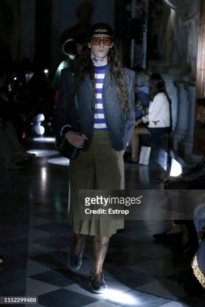 Model walks the runway at the Gucci Cruise 2020 show at the Musei Capitolini on May 28th, 2019 in Rome, Italy.