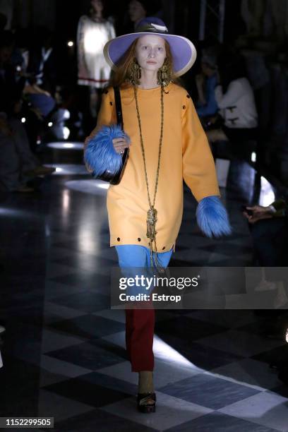 Model walks the runway at the Gucci Cruise 2020 show at the Musei Capitolini on May 28th, 2019 in Rome, Italy.