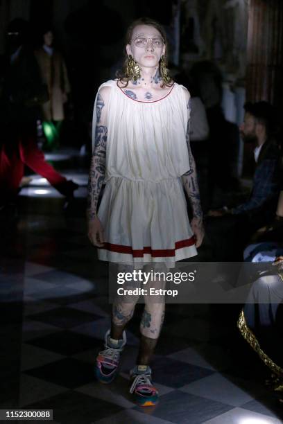 Model walks the runway at the Gucci Cruise 2020 show at the Musei Capitolini on May 28th, 2019 in Rome, Italy.