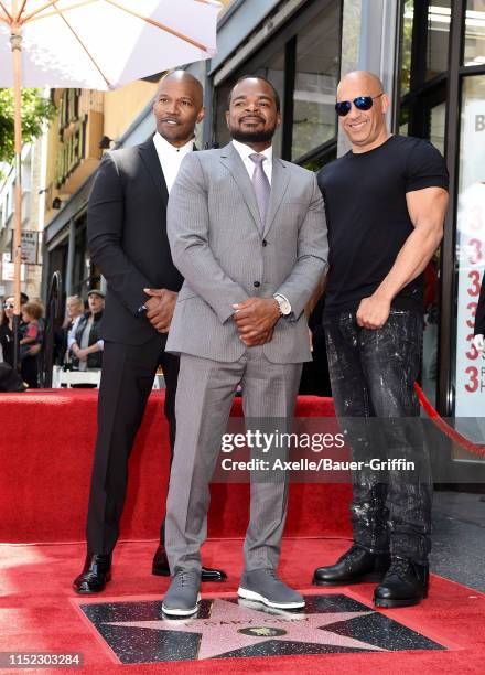 Jamie Foxx, F. Gary Gray and Vin Diesel attend the ceremony honoring F. Gary Gray with Star on the Hollywood Walk of Fame on May 28, 2019 in...