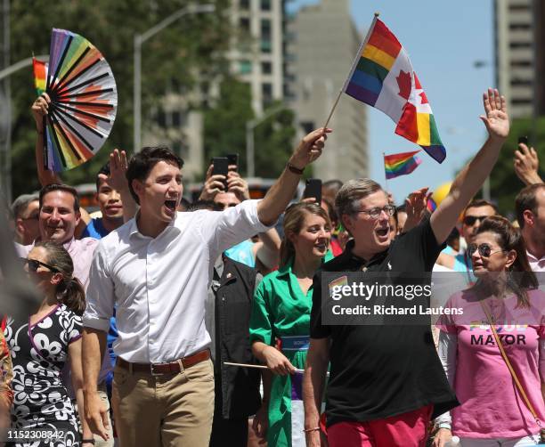 Prime Minister Justin Trudeau and Toronto Mayor John Tory march at the head of the parade. Up to a million people came out to celebrate the LGBTQ...