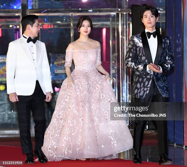 Shin Dong Yup, Actress and Singer Suzy, Actor Park Bo Gum attends the 55th Baeksang Arts Awards held at COEX in southern Seoul on May 1, 2019 in...