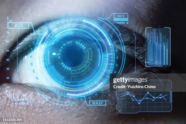 human eye with using the graphical user interface technology - hud interfaz de usuario gráfica fotografías e imágenes de stock