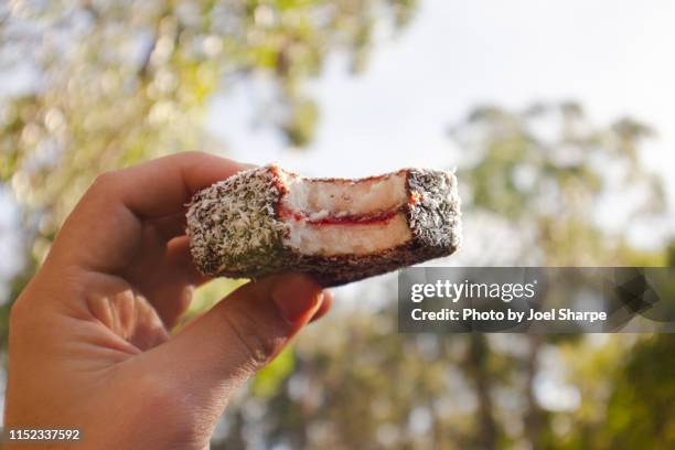 eating a lamington in the sun - eaten stock pictures, royalty-free photos & images